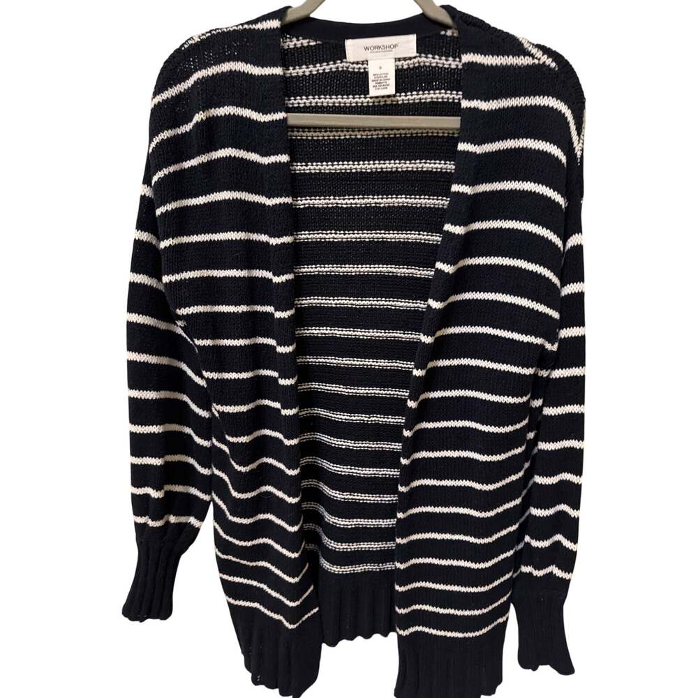 Workshop Open Front Cardigan Navy Blue & White Striped Size Small Preppy Classic